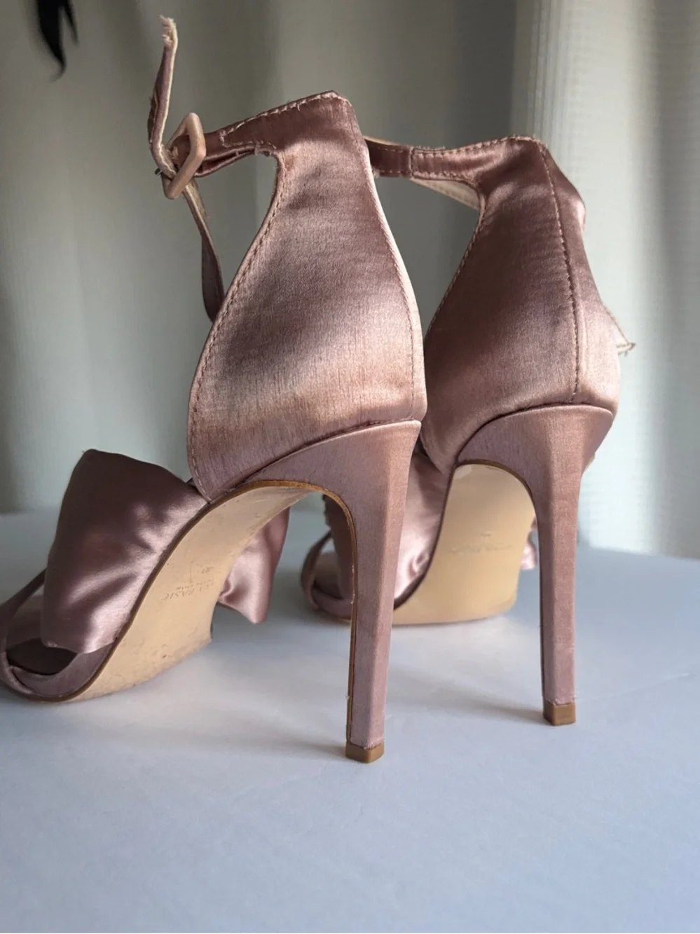 Satin Embellished Ankle-Strap Heels in Dusty Rose - Picture 3 of 9